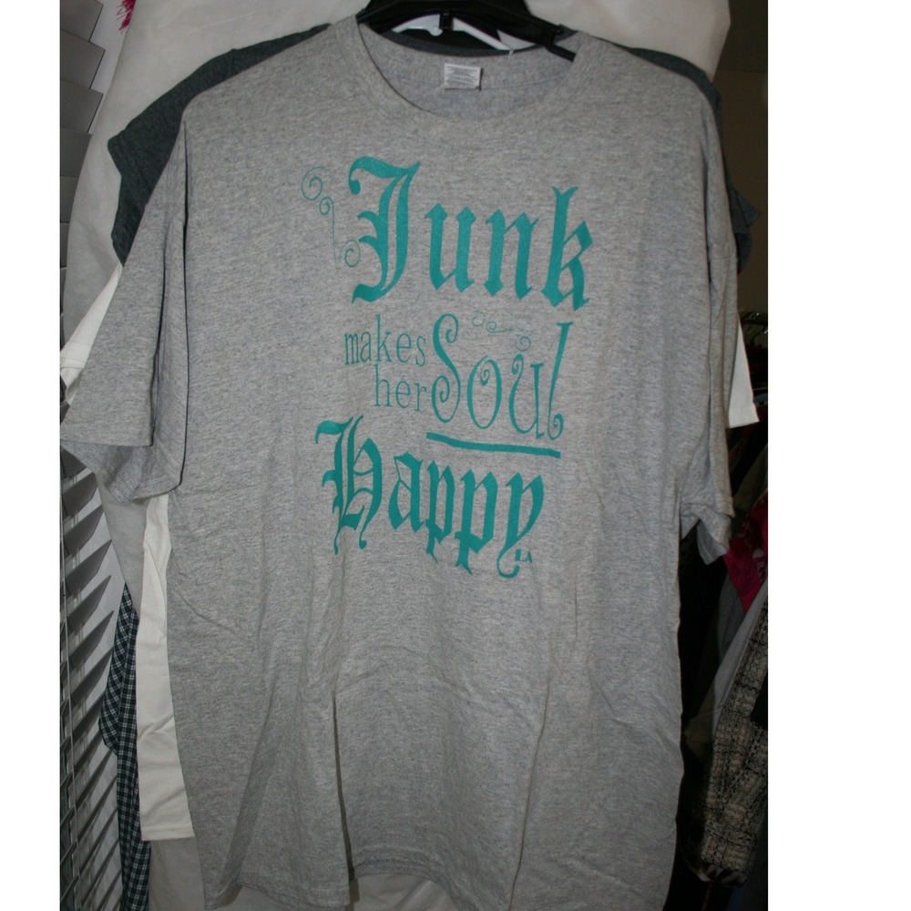 Gildan Womens XL Junk Makes Her Soul Happy Graphic T-Shirt Heather Grey Teal